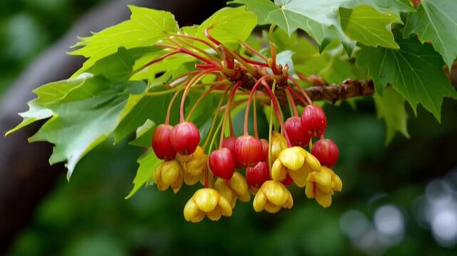 Branch of maple tree with red samaras  yellow flowers surrounded by green leaves