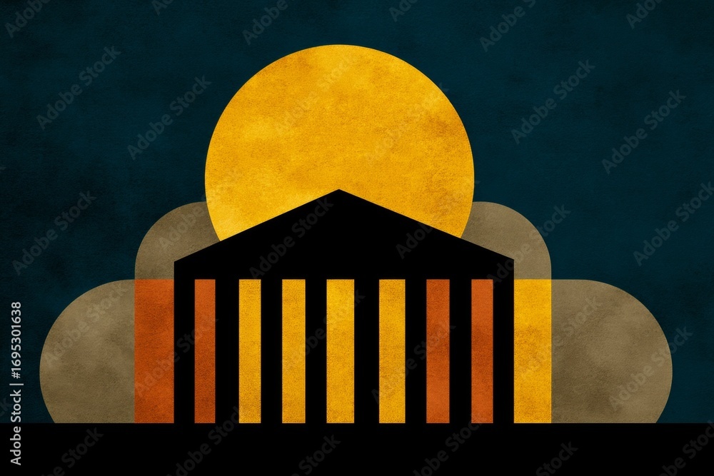 Poster abstract geometric art featuring a sunlit building with pillars and circular forms