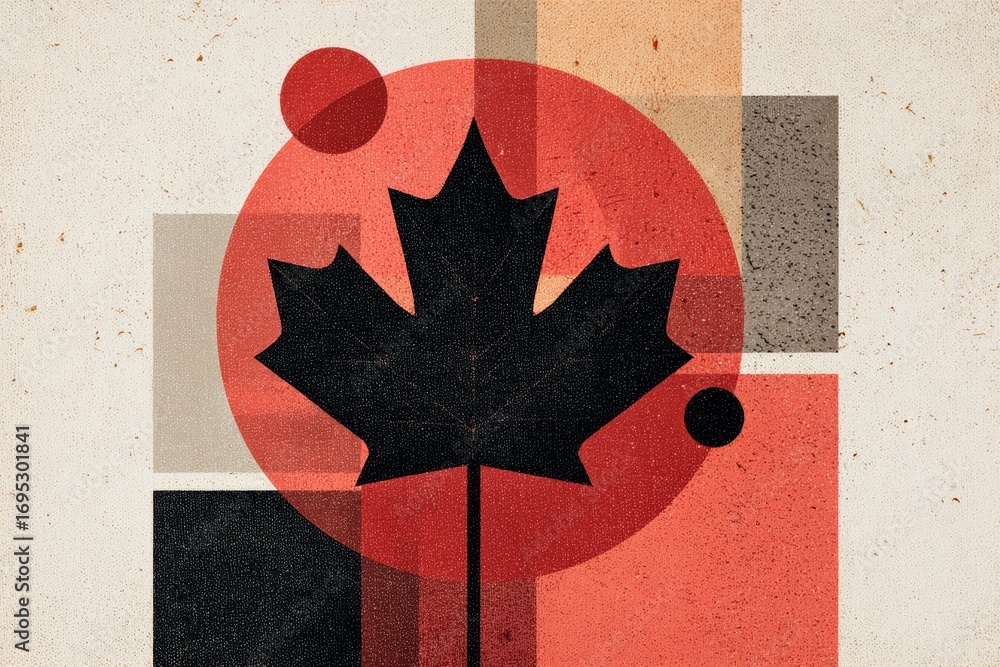 Poster geometric maple leaf design with abstract shapes in red and black