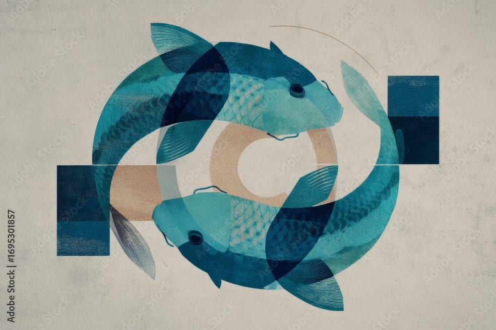 Poster abstract geometric fish design with overlapping circles and squares