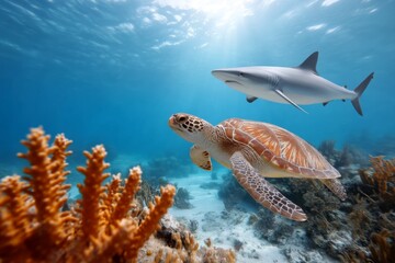 Fototapeta premium Marine life sea turtle and shark swimming in vibrant coral reef