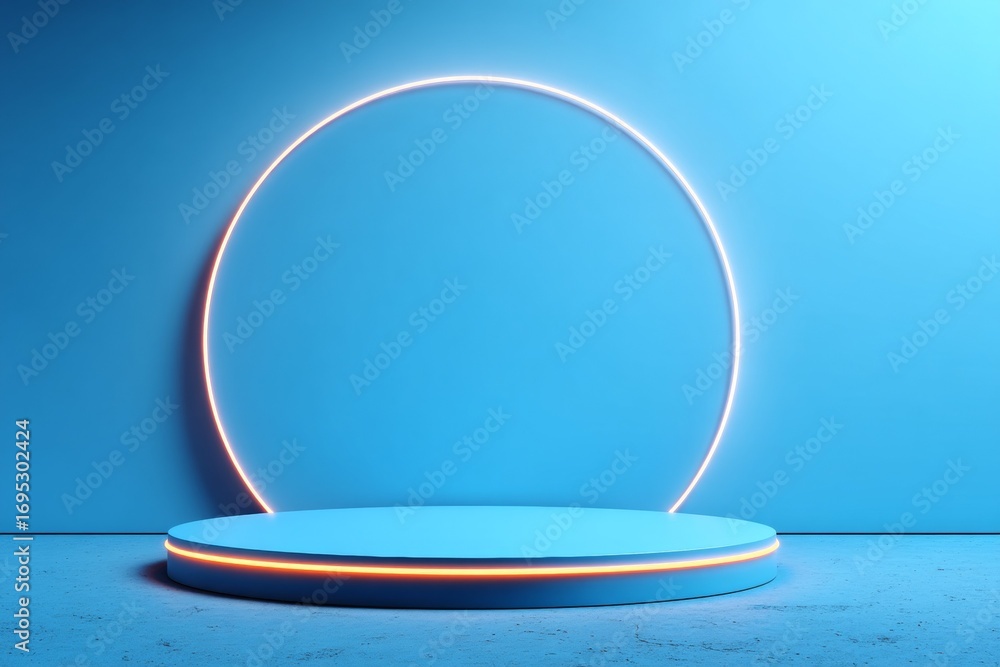Poster minimalist blue neon circle display platform with soft glow