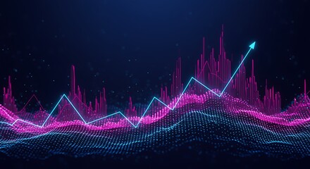 Neon blue arrow graph rising over pink and blue digital landscape chart data
