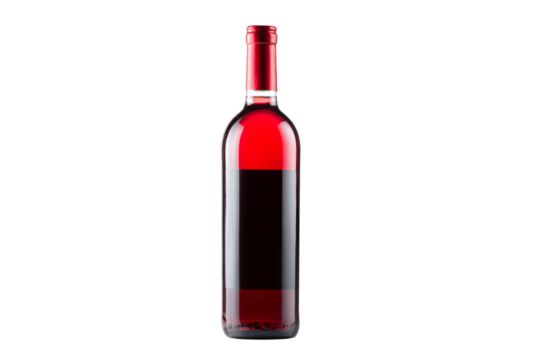 A bottle of red wine with a red label
