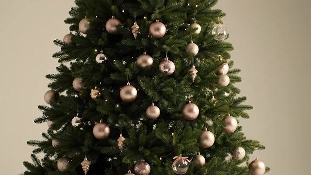 Festive Christmas Tree Decorated with Rose Gold Ornaments and Warm White String Lights on a Beige Background with