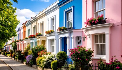 Colorful houses in Notting Hill, London create a vibrant and charming street view