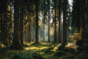 Coniferous Forest with Sunlight - Moss-covered Forest Floor Landscape
