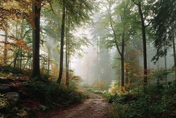 Fototapeta premium Autumn Forest Path in Fog: Colorful Vegetation and Natural Charm