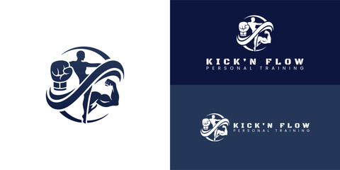 A dynamic logo that embodies the synergy of boxing, Muay Thai, and strength training. A powerful figure is surrounded by a fluid shape, symbolizing motivation and harmony of mind, body, and spirit.