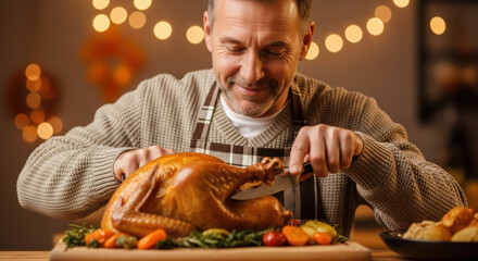 Joyful man carves roasted turkey at festive dinner table celebrating holiday with warm lights smiling mature adult prepares poultry meal surrounded by vegetables at home gathering