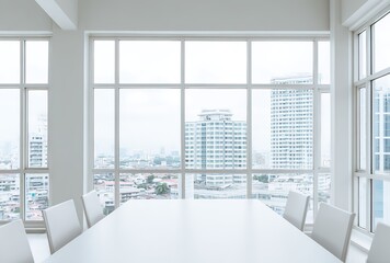 Fototapeta premium Bright White Conference Room: City View and Modern Office