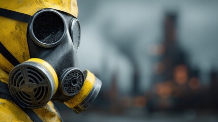 Worker in Protective Gear Faces Industrial Pollution at a Factory During a Cloudy Day