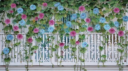 Vibrant blue and pink morning glories climbing a white decorative railing, creating a beautiful floral display on a building facade.