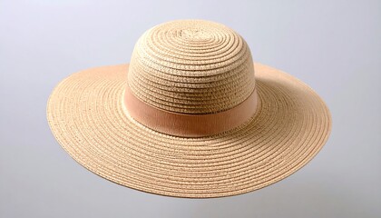 Elegant straw sun hat with a wide brim and decorative ribbon on a neutral background