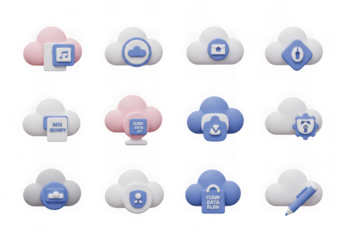 Assortment of 3d cloud icons representing cloud services, data, and security features isolated on transparent background