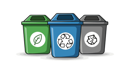Three different colored recycling bins with recognizable symbols indicating their purpose compost, recycling, and landfill waste