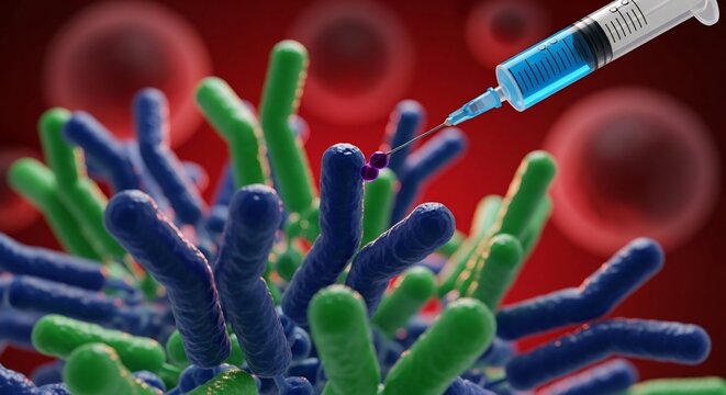 Syringe injecting blue liquid into bacteria cells with a red background and blood cell images