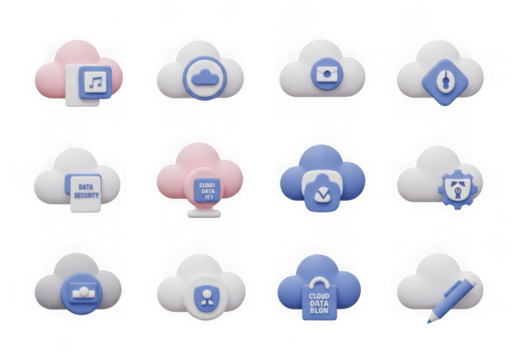 Assortment of 3d cloud icons representing cloud services, data, and security features isolated on transparent background