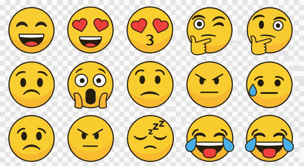 Fototapeta premium A vibrant collection of yellow emoji icons displaying a broad spectrum of human emotions and facial expressions for digital communication and online reactions