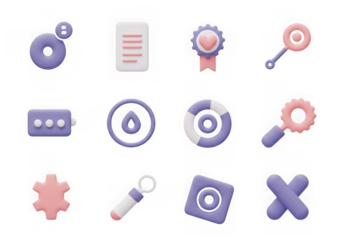 Set of 12 pastel 3d icons representing settings, search, and other digital interface elements, isolated on transparent background