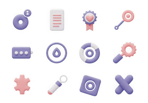 Set of 12 pastel 3d icons representing settings, search, and other digital interface elements, isolated on transparent background - Powered by Adobe