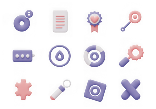 Set of 12 pastel 3d icons representing settings, search, and other digital interface elements, isolated on transparent background