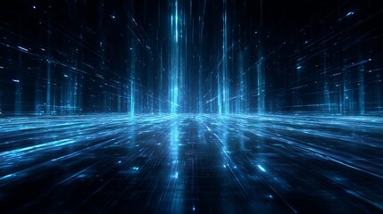 Dynamic digital grid with glowing blue lines and particles creating an immersive futuristic technology data stream effect