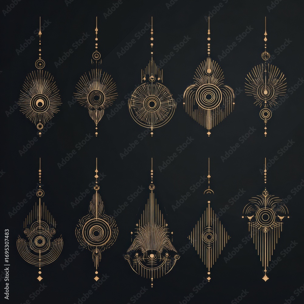 Poster elegant gold geometric designs on a dark background showcasing intricate patterns and artistic shape