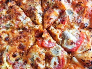 close up detail of eight slices of Egg and Cheese pizza, homemade recipe on wooden table	