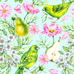 Fruity floral watercolor botanical seamless pattern hand drawn. Pear cosmos bird flowers plants pattern for textiles, fabrics