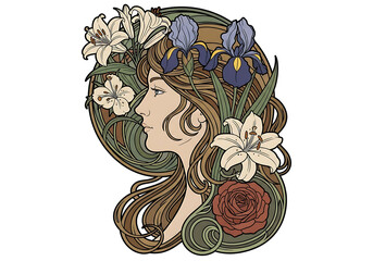 Naklejka premium Elegant Art Nouveau portrait of a woman's profile with intricate floral hair design featuring lilies and irises