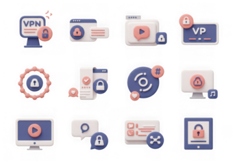 Collection of 3d icons representing vpn, security, and online privacy concepts, isolated on transparent background