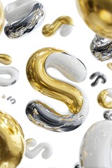 Golden S Design: A striking 3D design, featuring an elegant, gold-plated letter S, gracefully floating among other abstract metallic shapes, embodies sophistication and modern aesthetic appeal.