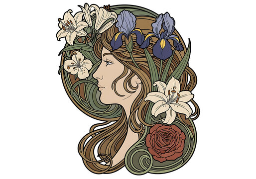 Elegant Art Nouveau portrait of a woman's profile with intricate floral hair design featuring lilies and irises