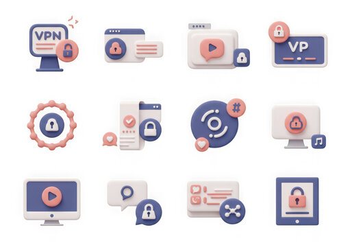 Collection of 3d icons representing vpn, security, and online privacy concepts, isolated on transparent background