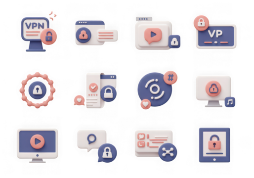 Collection of 3d icons representing vpn, security, and online privacy concepts, isolated on transparent background