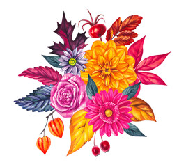 Autumn Watercolor Bouquet with Leaves Flowers. Perfect for DIY projects, cards, invitations,...