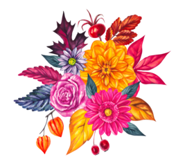 Autumn Watercolor Bouquet with Leaves Flowers. Perfect for DIY projects, cards, invitations, posters, scrapbooking, branding and packaging for both digital and print use. Autumn Clip Art