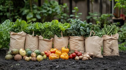 A variety of vegetables are displayed in bags on the ground