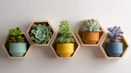 Succulents in colorful pots displayed in hexagon shelves on a white wall.