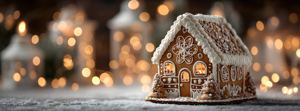 Christmas gingerbread house decoration on white backround of defocused golden ights. Hand decorated.