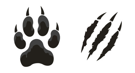 Illustration showing a black animal paw print and a set of three claw scratch marks, both isolated on a white background.