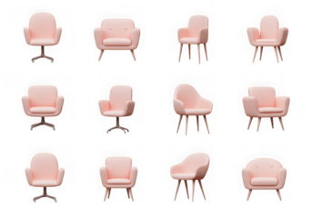 Group of elegant pink armchairs in various styles isolated on transparent background