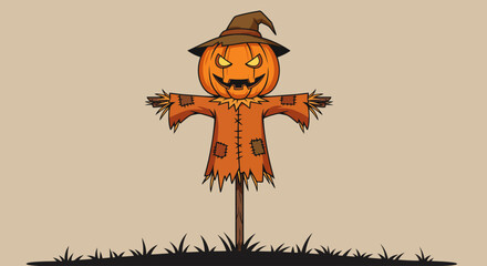 Halloween scarecrow with carved pumpkin head, tattered clothes, and pointed hat.