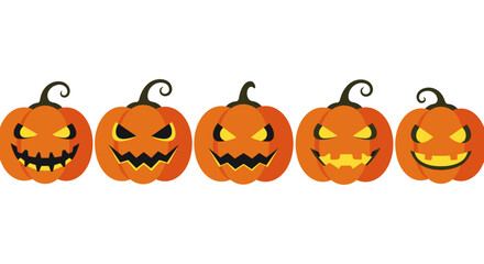 A row of five carved Halloween pumpkins with glowing, menacing faces and stems, set against a white background.