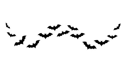 A flock of black bats in flight, forming a curved pattern against a white background.