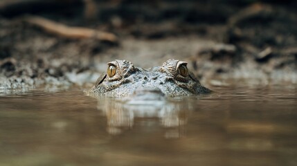 Obraz premium Crocodile hiding muddy river with only eyes visible dramatic wildlife predator moment symbolizing stealth and survival instincts