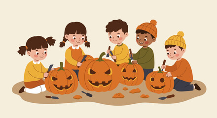 Children carving pumpkins together for Halloween, a fun autumnal activity.