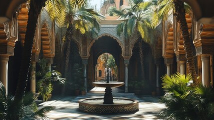 Sun-drenched Moorish courtyard with fountain