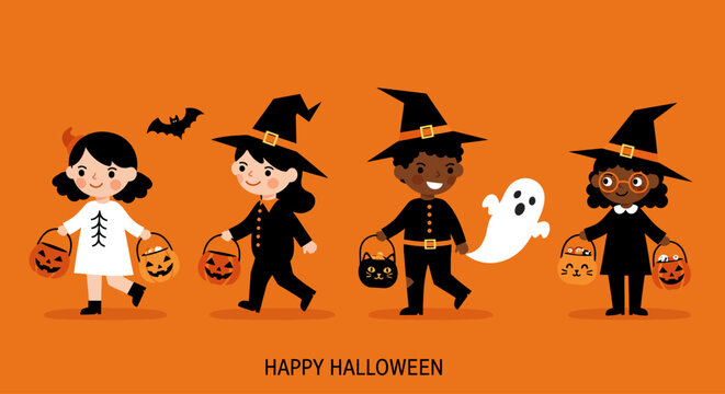 Diverse children in Halloween costumes trick-or-treating with candy buckets.